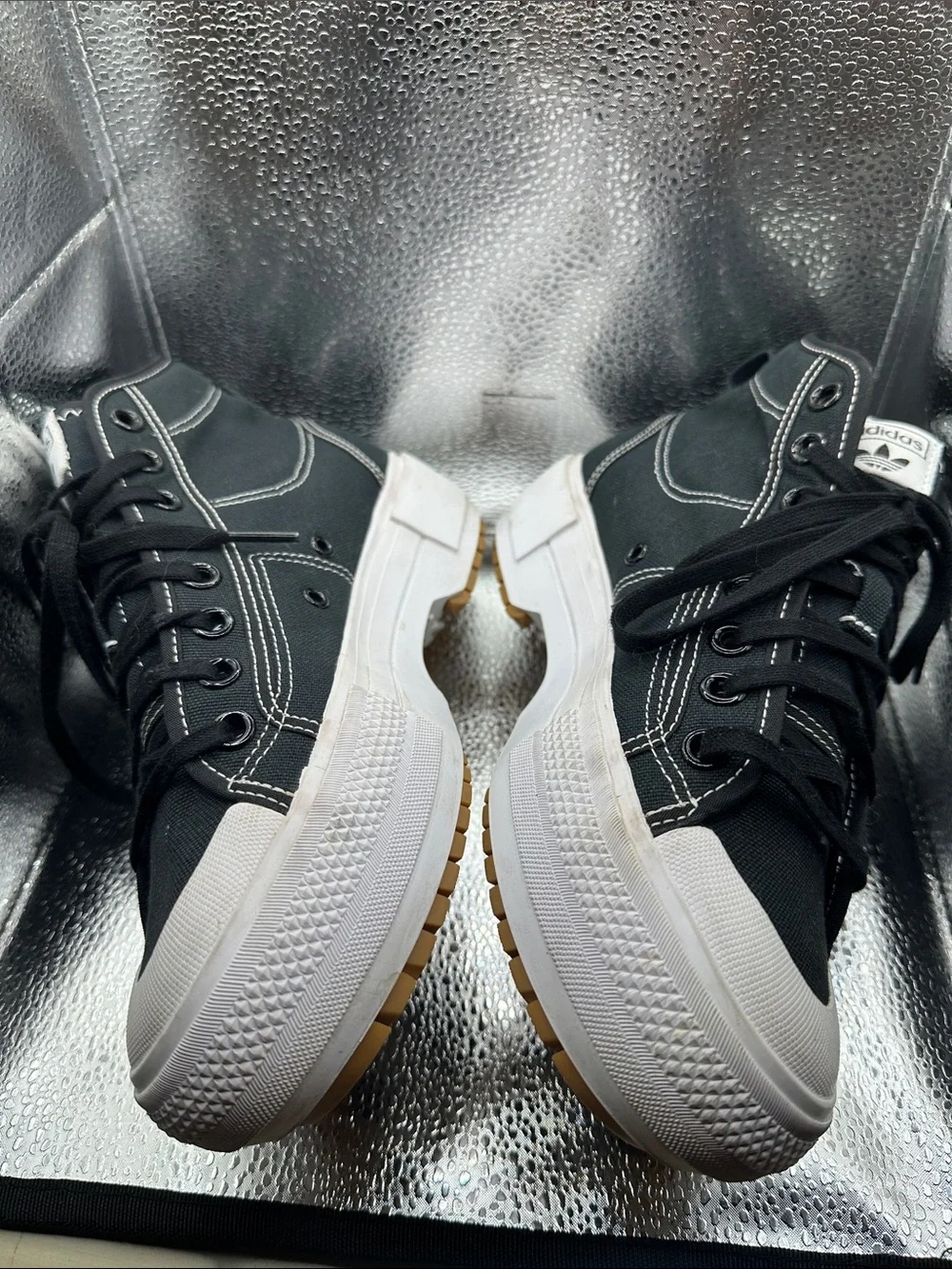 Adidas grunge Black Canvas High-Top Platform Sneakers with White Sole